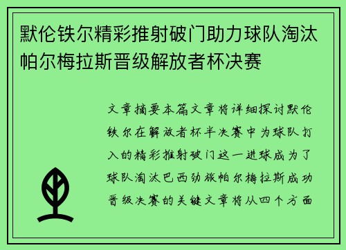 默伦铁尔精彩推射破门助力球队淘汰帕尔梅拉斯晋级解放者杯决赛 默伦铁尔精彩推射破门助力球队淘汰帕尔梅拉斯晋级解放者杯决赛
