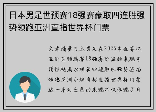 日本男足世预赛18强赛豪取四连胜强势领跑亚洲直指世界杯门票